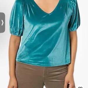 CANDACE CAMERON BURE VELVET V-NECK PUFFED SLV CROPPED TOP Teal 5X NWOT